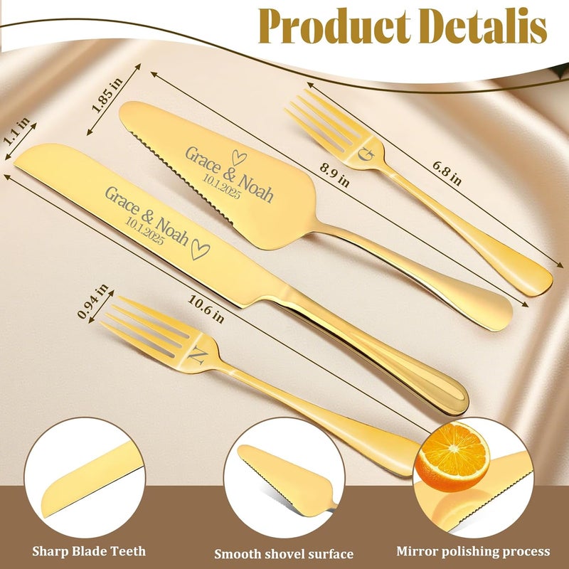 HJX Personalized 4 Piece Cake Cutting Set for Wedding - Custom Cake Knife and Server Set with Forks, Cake Cutter Set Ideal for Wedding Anniversary Bridal Gifts (Gold) - Image 5